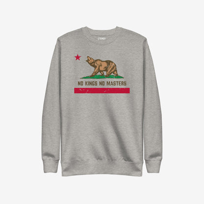 Heather-gray crewneck sweatshirt featuring a distressed California bear flag graphic with NO KINGS NO MASTERS slogan, emphasizing empowerment, aligning with the California No Kings Flag Hoodie & Sweatshirt theme.