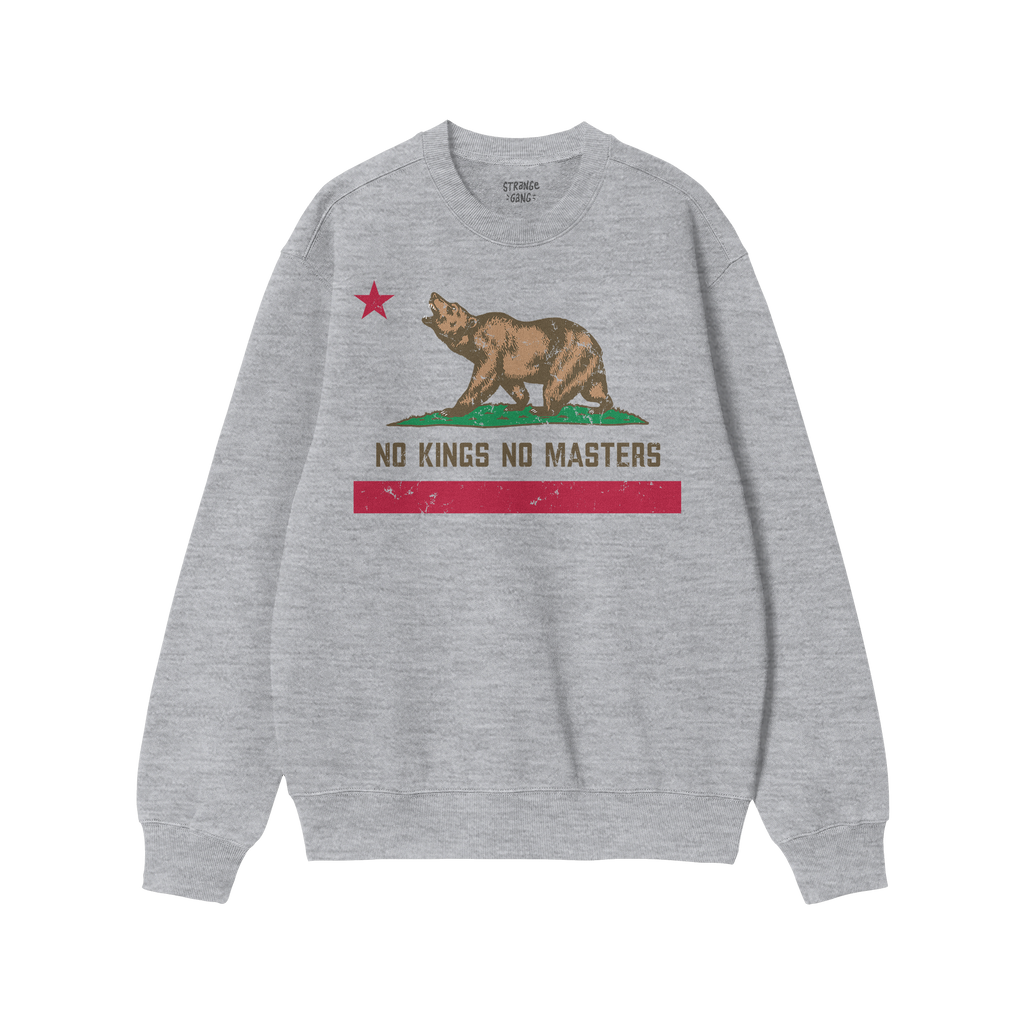California No Kings Flag Shirt featuring a bear mid-roar with 'NO KINGS NO MASTERS' slogan, echoing the California state flag
