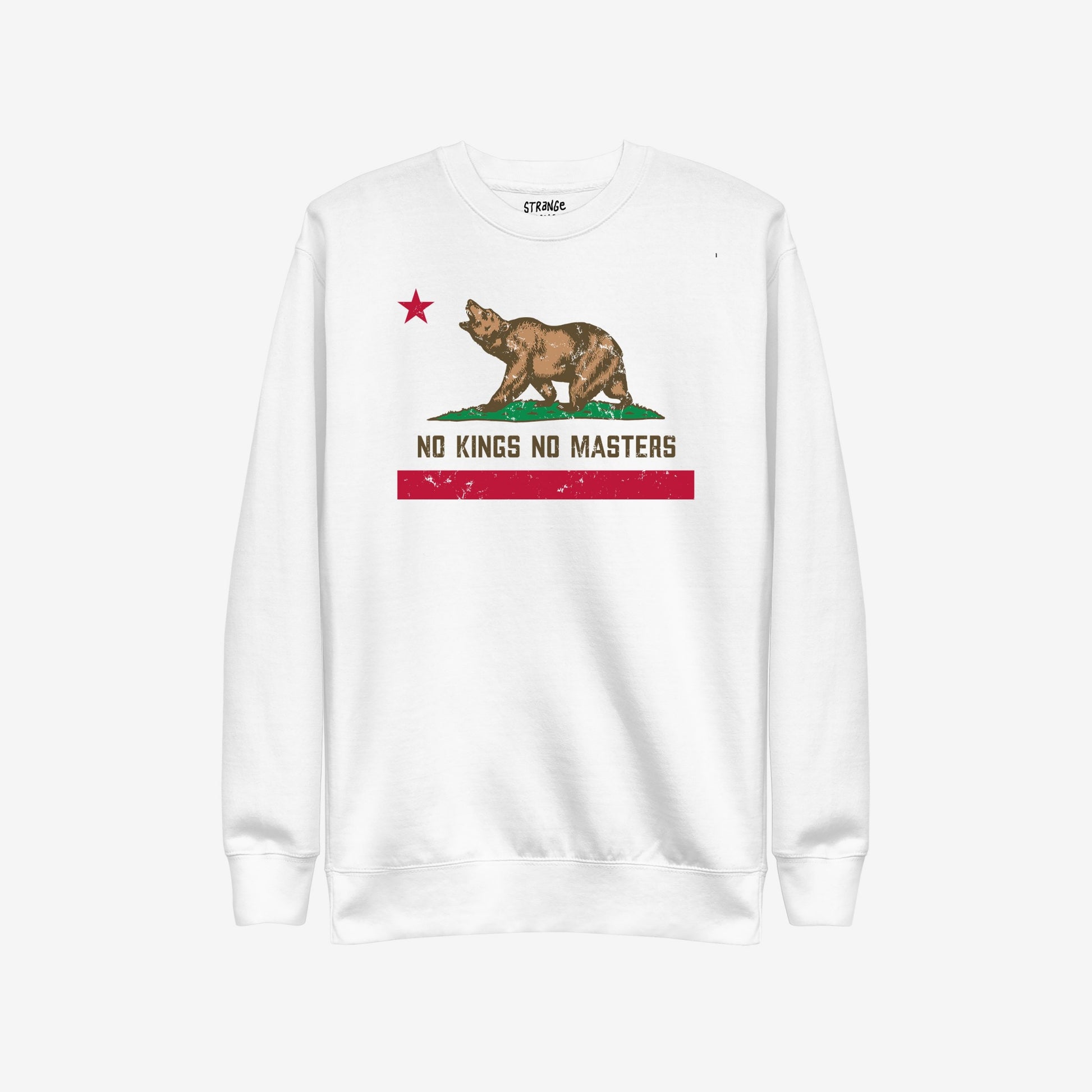 California No Kings Flag Hoodie & Sweatshirt features a vintage-style bear flag motif with a roaring bear, a red star, and NO KINGS NO MASTERS slogan, embodying power from the people.