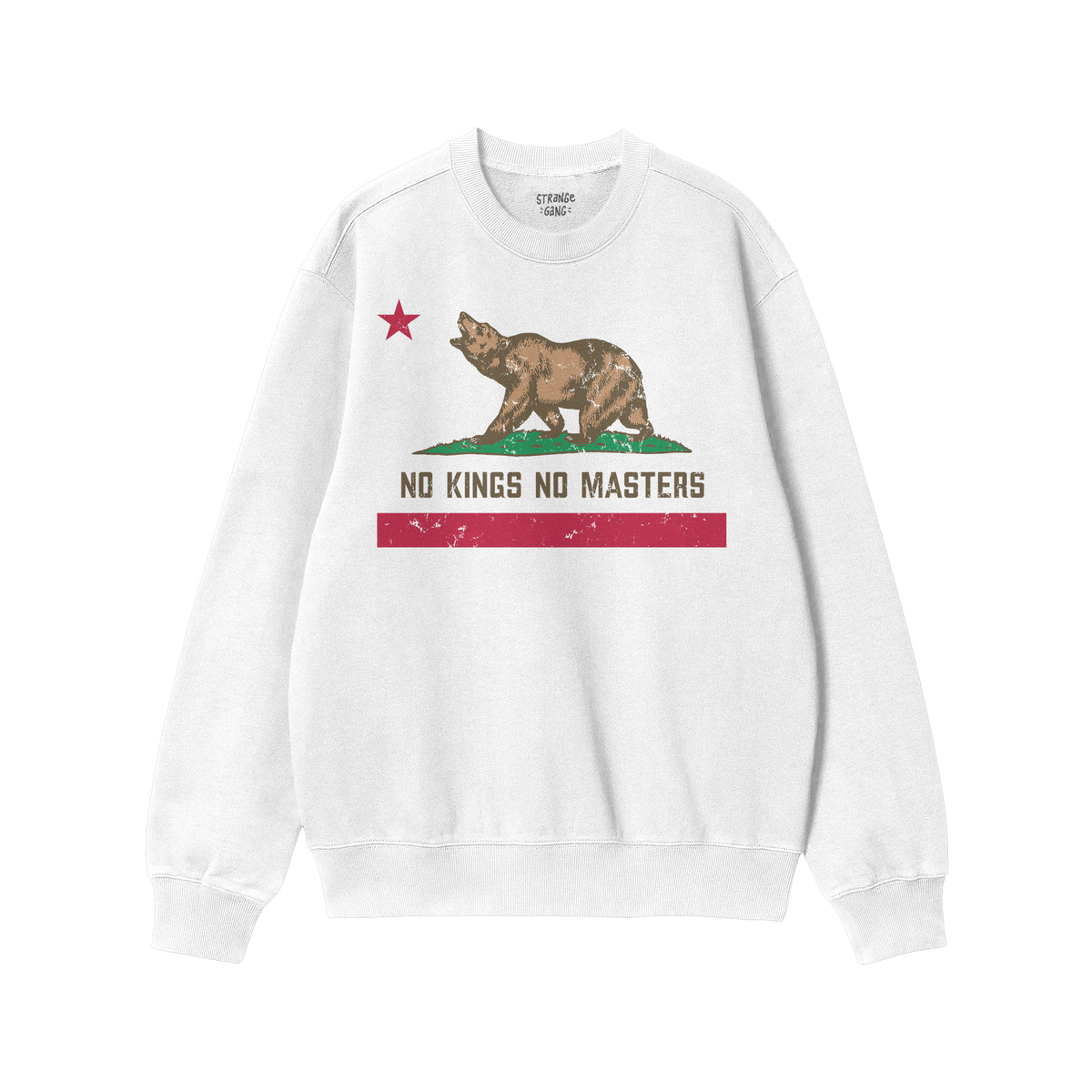California No Kings Flag Shirt featuring a roaring bear on grass, red star above, and NO KINGS NO MASTERS slogan with distres