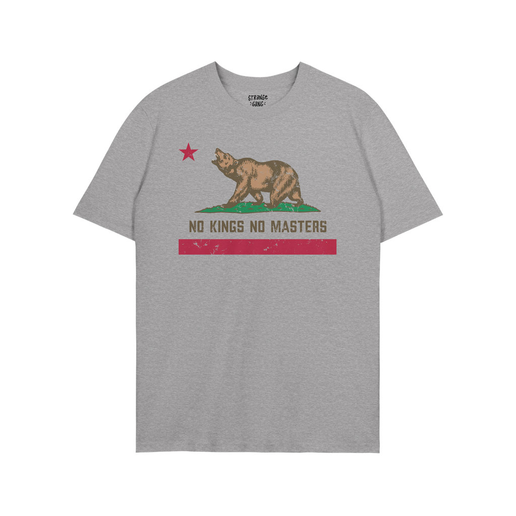 California No Kings Flag Shirt features a stylized brown bear mid-roar with a red star above, slogan “NO KINGS NO MASTERS��