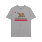 California No Kings Flag Shirt features a stylized brown bear mid-roar with a red star above, slogan “NO KINGS NO MASTERS��