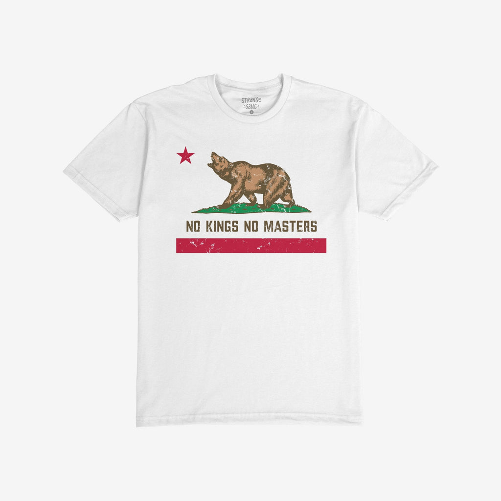 The California No Kings Flag Shirt features a brown grizzly bear mid-roar, with NO KINGS NO MASTERS slogan, embodying rebellion and autonomy. Includes a red star and bar, symbolizing empowerment.