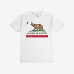 The California No Kings Flag Shirt features a brown grizzly bear mid-roar, with NO KINGS NO MASTERS slogan, embodying rebellion and autonomy. Includes a red star and bar, symbolizing empowerment.