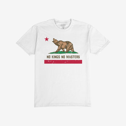 The California No Kings Flag Shirt features a brown grizzly bear mid-roar, with NO KINGS NO MASTERS slogan, embodying rebellion and autonomy. Includes a red star and bar, symbolizing empowerment.