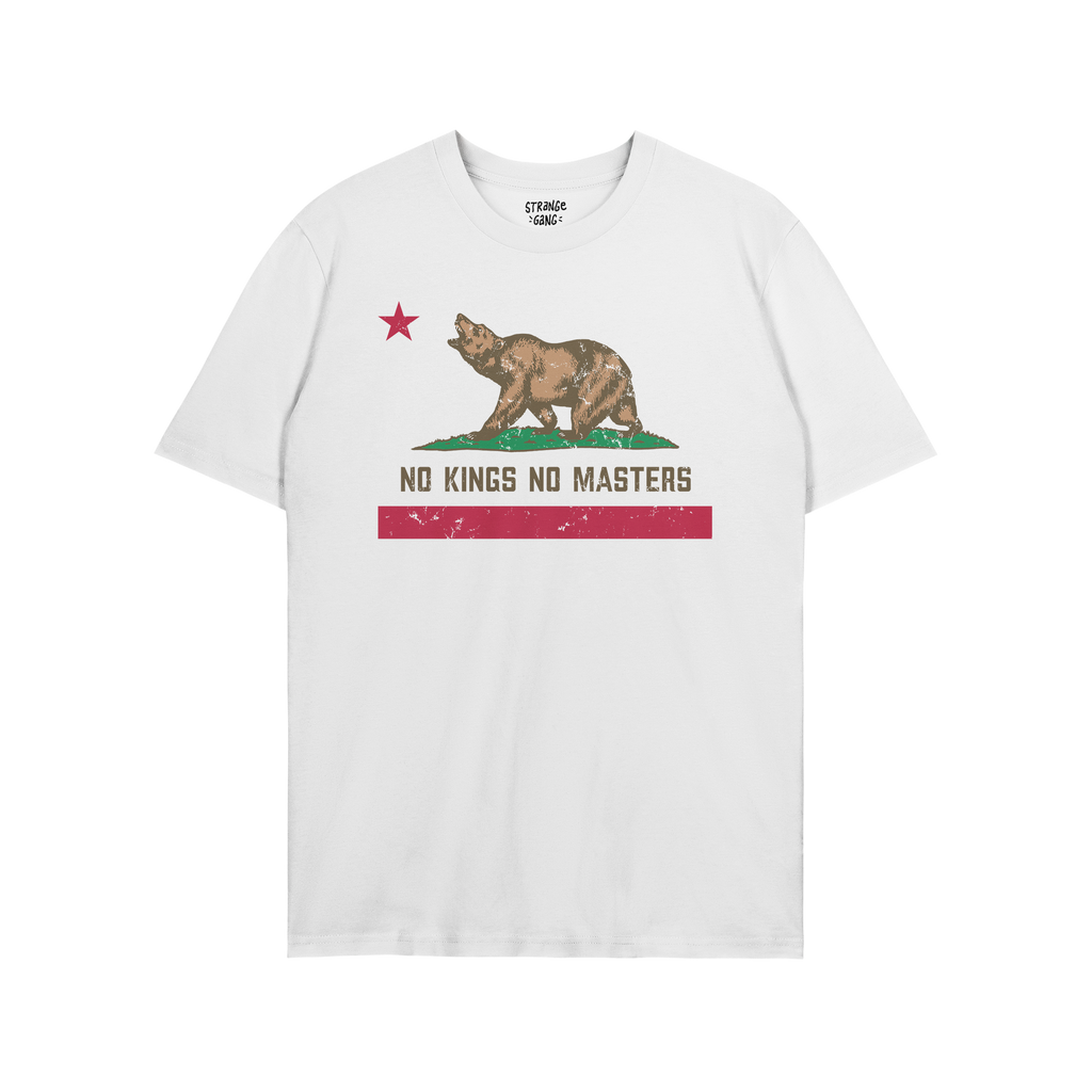 The California No Kings Flag Shirt features a brown grizzly bear mid-roar, with NO KINGS NO MASTERS slogan, embodying rebelli