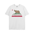 The California No Kings Flag Shirt features a brown grizzly bear mid-roar, with NO KINGS NO MASTERS slogan, embodying rebelli