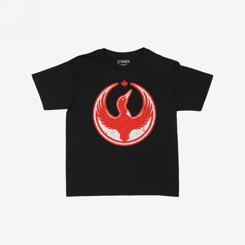 Canada Rebel Alliance Women's Baby Tee features a distressed red graphic of a loon with outstretched wings inside a circle and a maple leaf above, symbolizing support for equality and human rights.