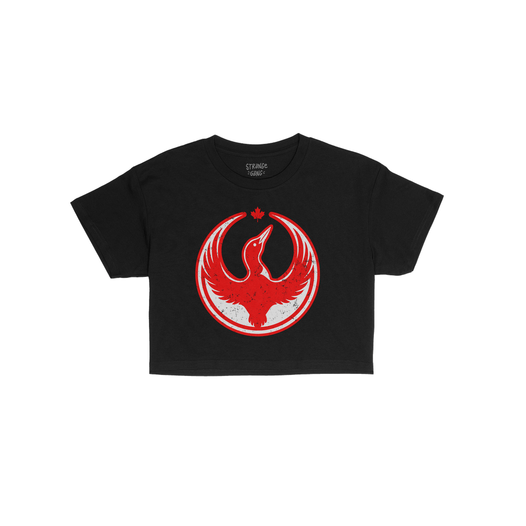Canada Rebel Alliance Women's Baby Tee features a distressed red graphic of a loon with outstretched wings inside a circle an
