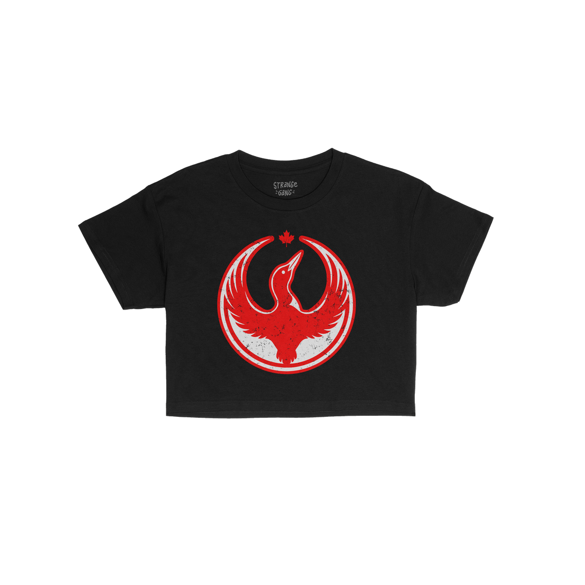 Canada Rebel Alliance Women's Baby Tee features a distressed red graphic of a loon with outstretched wings inside a circle an