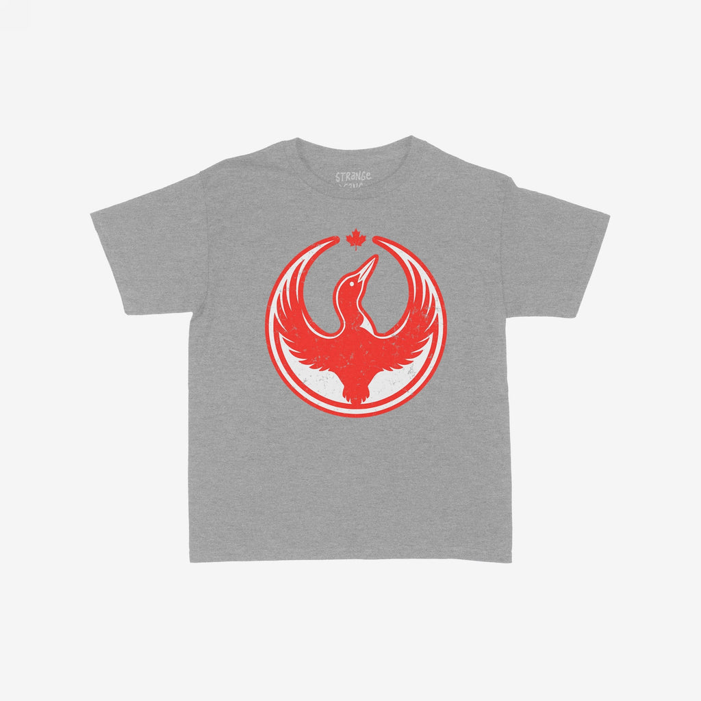 Canada Rebel Alliance Women's Baby Tee features a grey crew-neck shirt with a distressed red graphic of a loon in a circular emblem, topped by a maple leaf, symbolizing activism and unity.
