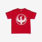 Canada Rebel Alliance Women's Baby Tee featuring a distressed white graphic of a stylized goose with wings spread inside a double ring, crowned by a maple leaf, on a plain red background.
