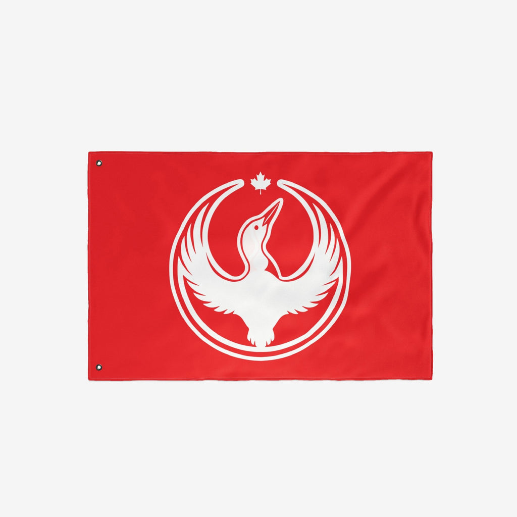 Canada Rebel Alliance Flag with a white stylized loon and maple leaf emblem, symbolizing defiance against hate and support for equality, designed for display at rallies and community events.