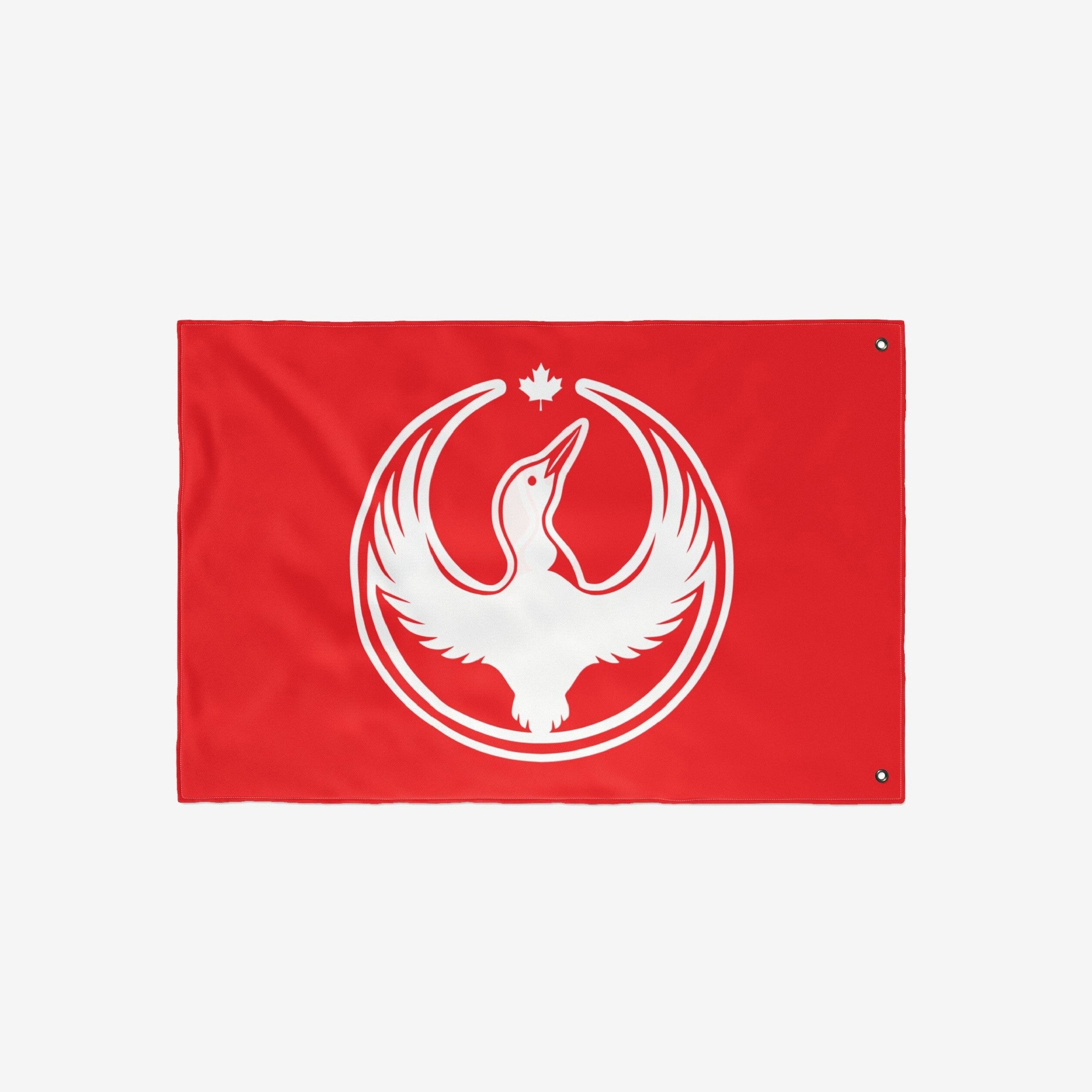 The Canada Rebel Alliance Flag displays a white loon with raised wings inside concentric rings, topped by a maple leaf, symbolizing anti-fascism and community support.