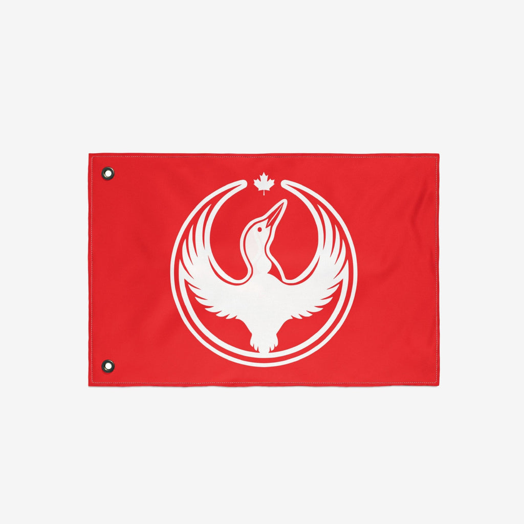 Canada Rebel Alliance Flag featuring a stylized white goose in mid-flight, surrounded by a circular wing design with a maple leaf above, designed for anti-fascism and equality advocacy.