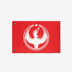 Canada Rebel Alliance Flag featuring a stylized white goose in mid-flight, surrounded by a circular wing design with a maple leaf above, designed for anti-fascism and equality advocacy.