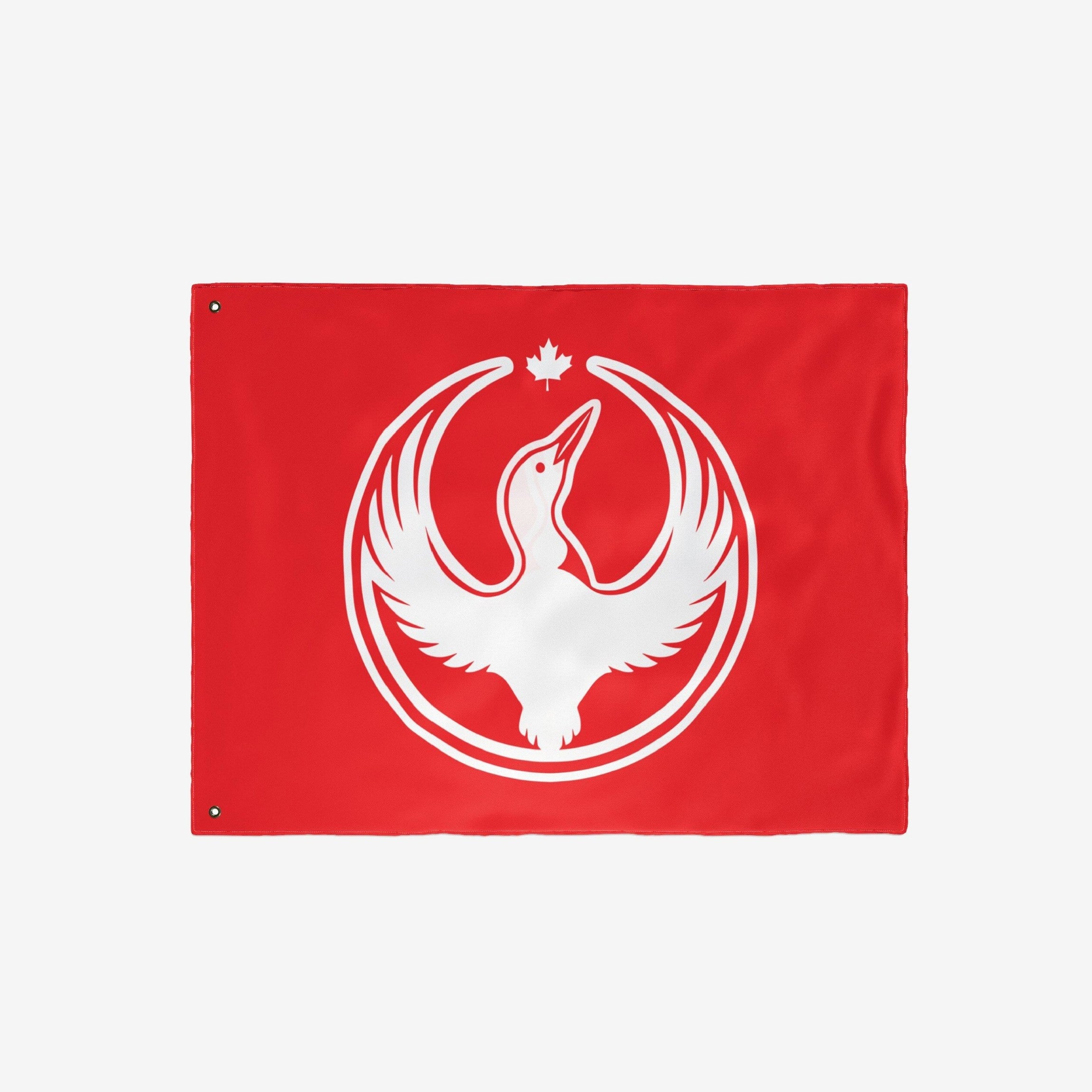 Canada Rebel Alliance Flag featuring a white loon with outstretched wings inside a double-ring circle, topped by a maple leaf. Two grommets for hanging are visible on the left edge.