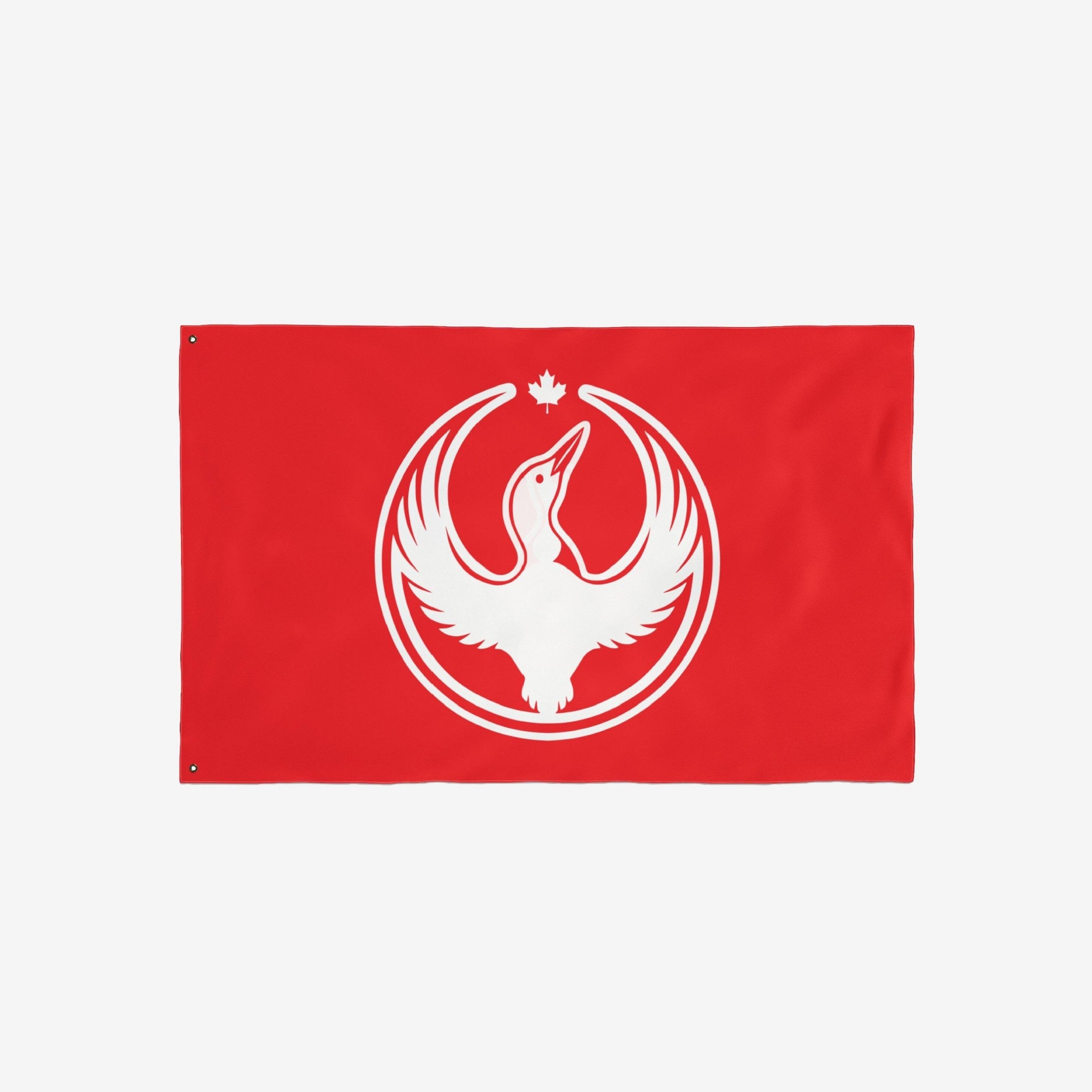 Canada Rebel Alliance Flag features a stylized loon with outstretched wings inside a rebel crest, topped by a maple leaf, symbolizing anti-fascism and human rights support.