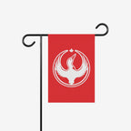 The Canada Rebel Alliance Garden Flag features a bold loon emblem with raised wings and a maple leaf above, symbolizing anti-fascist values. Ideal for making a statement in outdoor spaces.