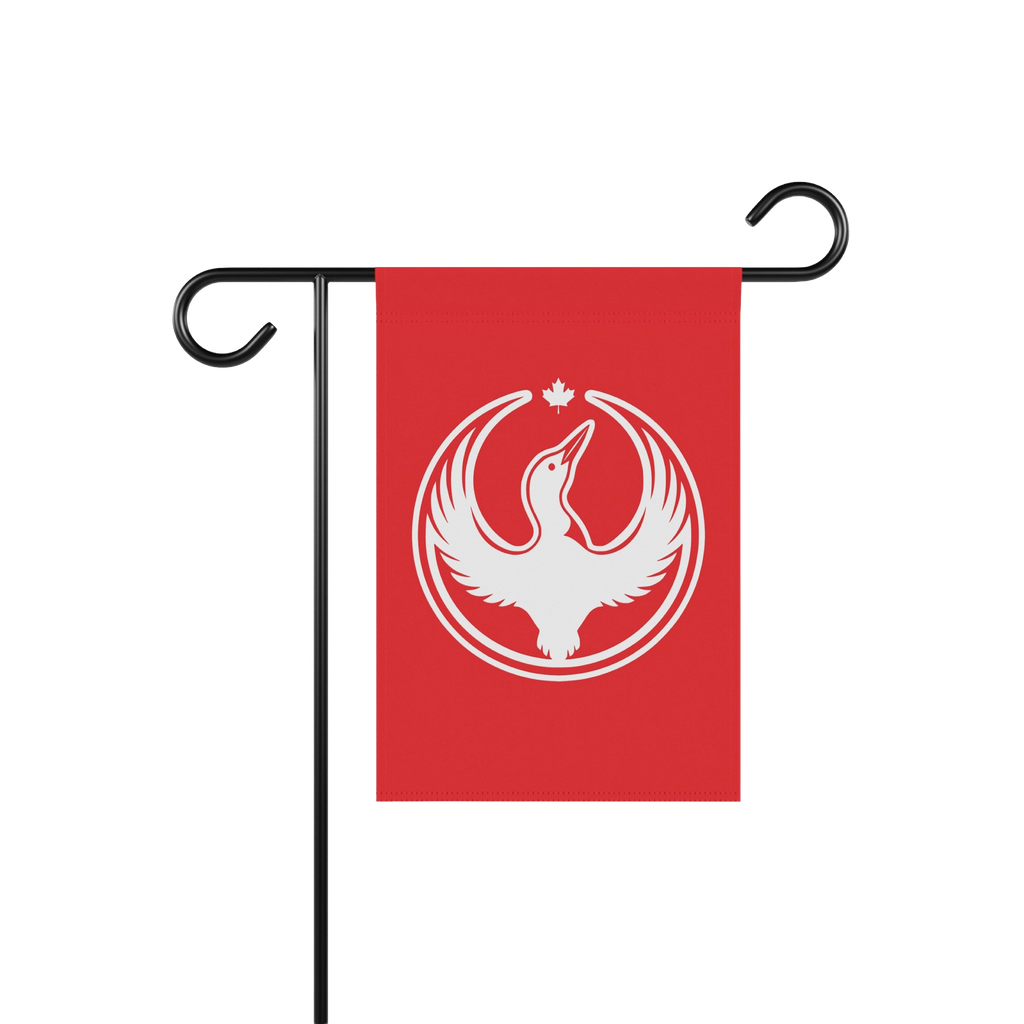 The Canada Rebel Alliance Garden Flag features a bold loon emblem with raised wings and a maple leaf above, symbolizing anti-