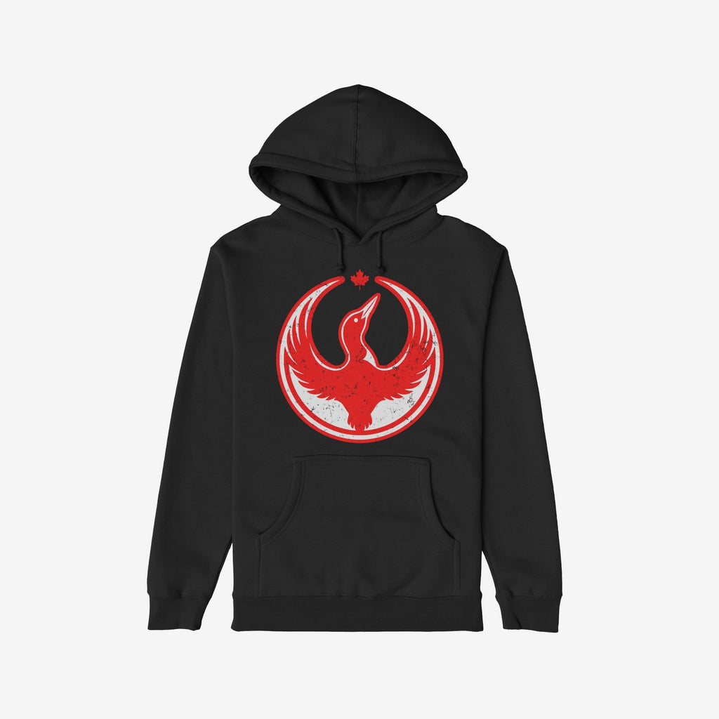 Canada Rebel Alliance Hoodie & Sweatshirt featuring a black pullover with a distressed red and white circular graphic of a stylized loon and maple leaf, symbolizing anti-fascism and equality.