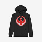 Canada Rebel Alliance Hoodie & Sweatshirt featuring a black pullover with a distressed red and white circular graphic of a stylized loon and maple leaf, symbolizing anti-fascism and equality.