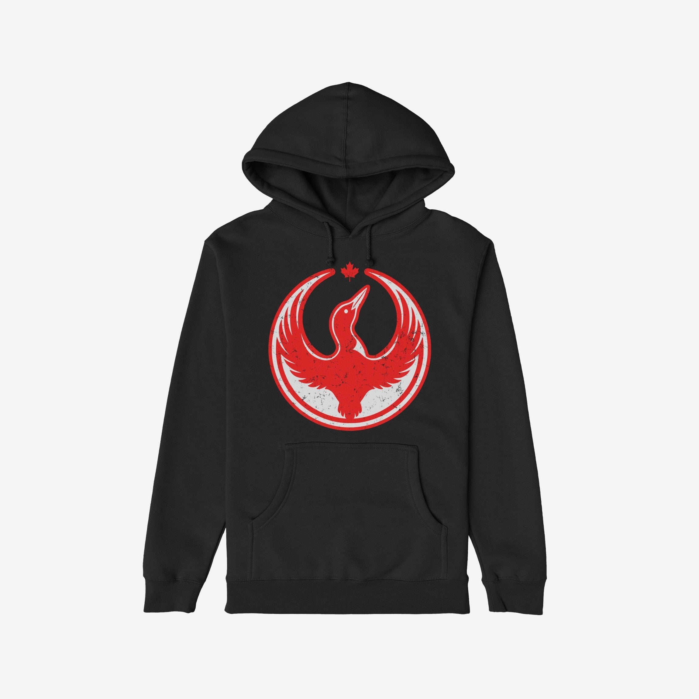 Canada Rebel Alliance Hoodie & Sweatshirt featuring a black pullover with a distressed red and white circular graphic of a stylized loon and maple leaf, symbolizing anti-fascism and equality.