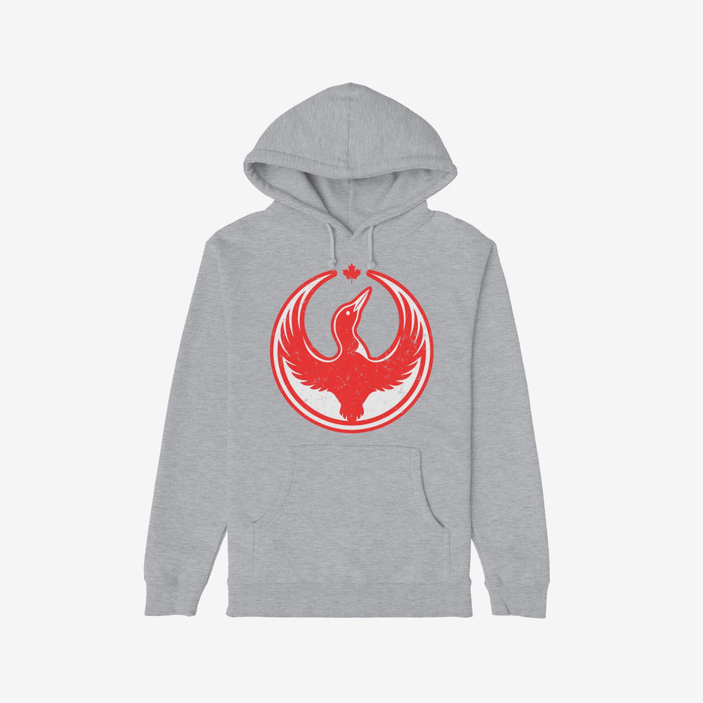 Canada Rebel Alliance Hoodie with a light-gray design features a red stylized bird graphic and maple leaf on the chest, symbolizing anti-fascism and equality, ideal for community-minded individuals.