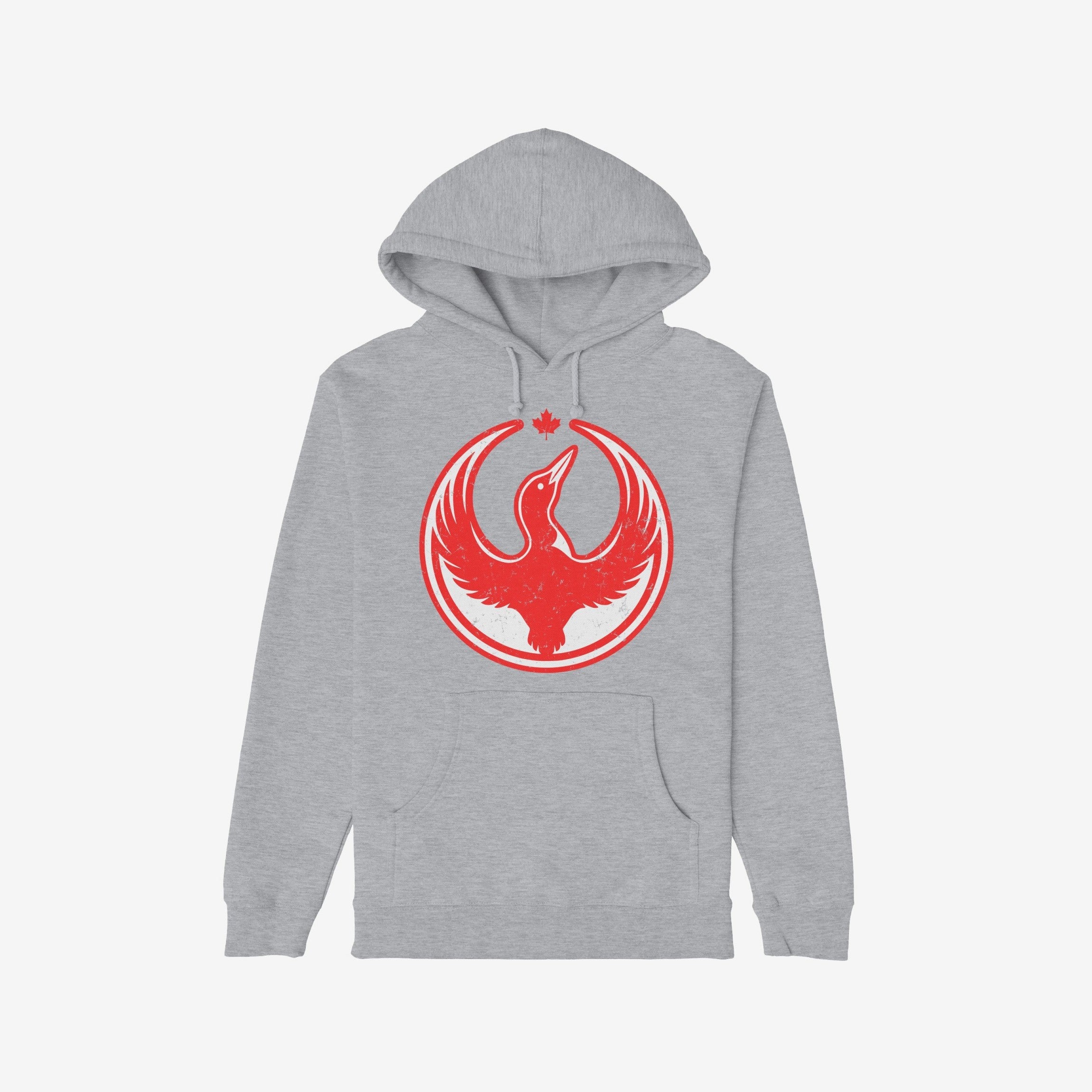 Canada Rebel Alliance Hoodie with a light-gray design features a red stylized bird graphic and maple leaf on the chest, symbolizing anti-fascism and equality, ideal for community-minded individuals.