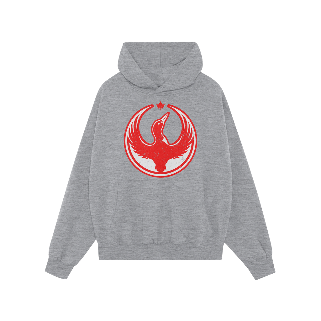 Canada Rebel Alliance Hoodie with a light-gray design features a red stylized bird graphic and maple leaf on the chest, symbo