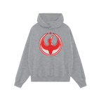 Canada Rebel Alliance Hoodie with a light-gray design features a red stylized bird graphic and maple leaf on the chest, symbo