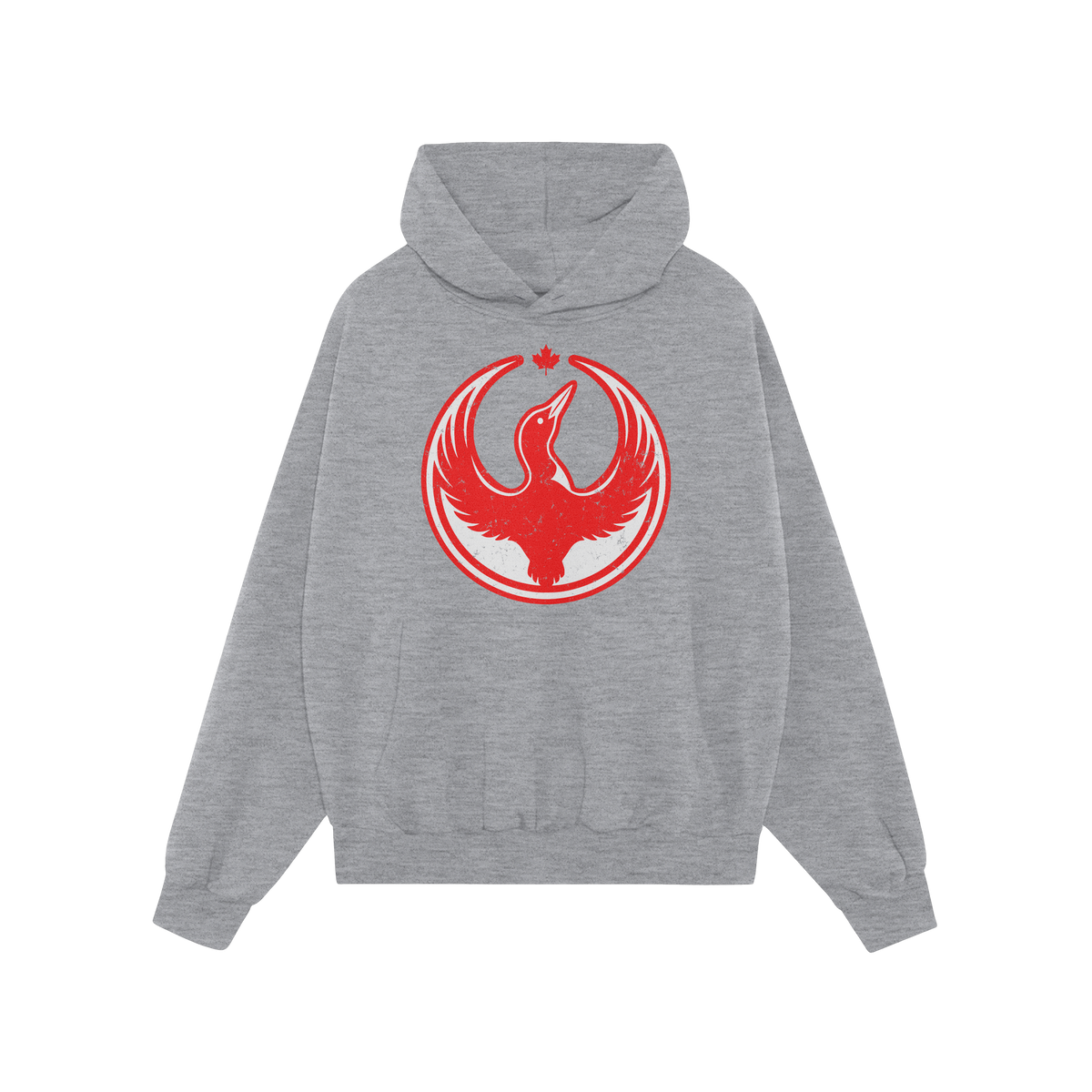 Canada Rebel Alliance Hoodie with a light-gray design features a red stylized bird graphic and maple leaf on the chest, symbo
