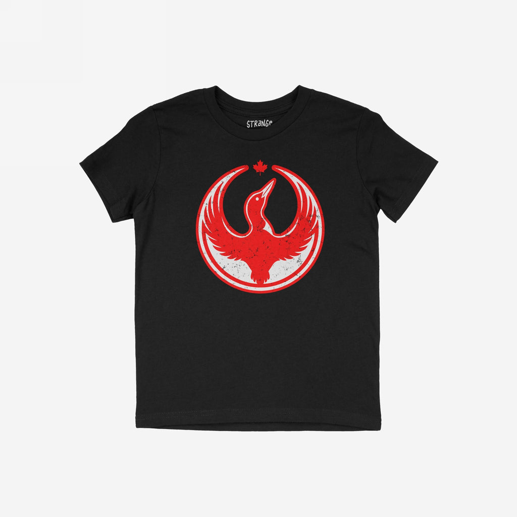 Black Canada Rebel Alliance T-shirt featuring a distressed red bird with outstretched wings in a circle, topped by a maple leaf. Ideal for supporting human rights and equality causes.