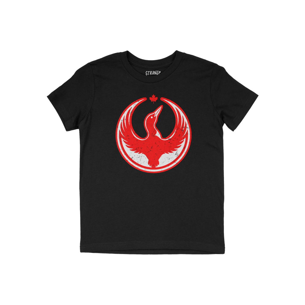 Black Canada Rebel Alliance T-shirt featuring a distressed red bird with outstretched wings in a circle, topped by a maple le
