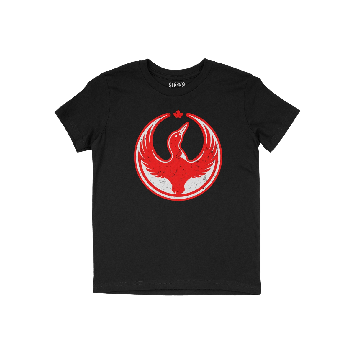 Black Canada Rebel Alliance T-shirt featuring a distressed red bird with outstretched wings in a circle, topped by a maple le