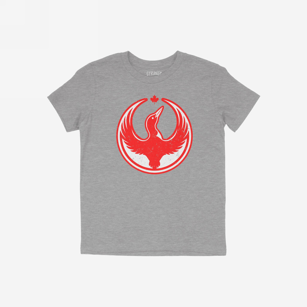 Heather-gray Canada Rebel Alliance T-shirt featuring a red stylized bird with outstretched wings inside a circle, topped by a maple leaf, symbolizing anti-fascist protest and community solidarity.
