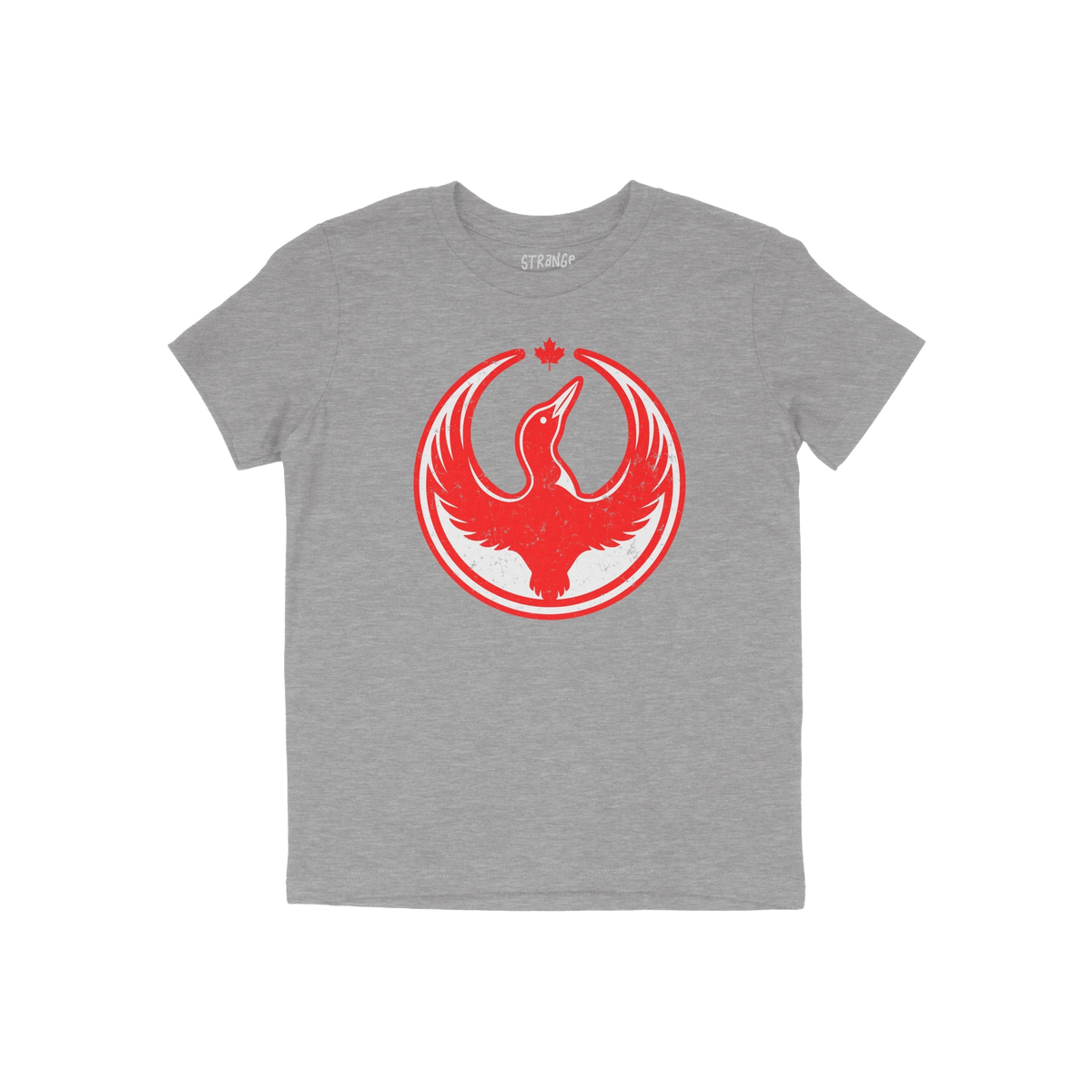 Heather-gray Canada Rebel Alliance T-shirt featuring a red stylized bird with outstretched wings inside a circle, topped by a