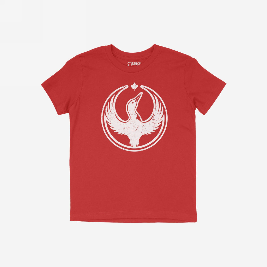 Red crew-neck Canada Rebel Alliance T-shirt featuring a white distressed bird graphic with raised wings, encircled and topped by a maple leaf, symbolizing anti-fascist solidarity and human rights advocacy.