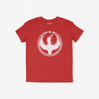 Red crew-neck Canada Rebel Alliance T-shirt featuring a white distressed bird graphic with raised wings, encircled and topped by a maple leaf, symbolizing anti-fascist solidarity and human rights advocacy.