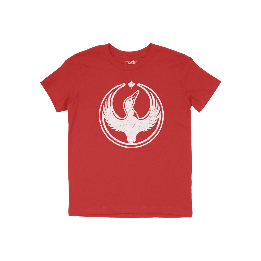 Red crew-neck Canada Rebel Alliance T-shirt featuring a white distressed bird graphic with raised wings, encircled and topped