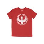 Red crew-neck Canada Rebel Alliance T-shirt featuring a white distressed bird graphic with raised wings, encircled and topped