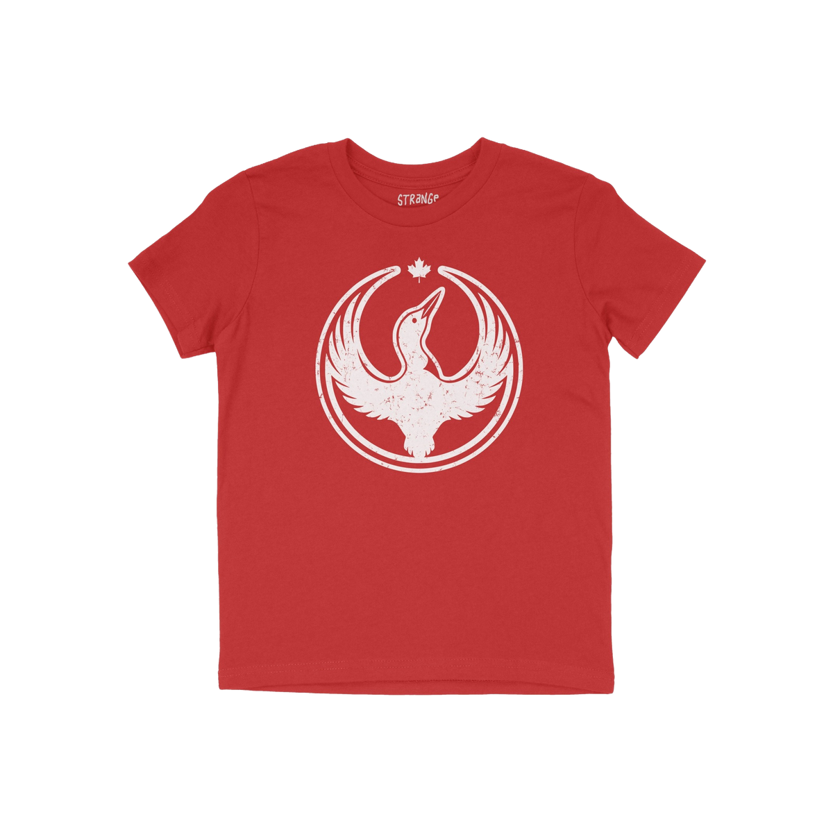 Red crew-neck Canada Rebel Alliance T-shirt featuring a white distressed bird graphic with raised wings, encircled and topped