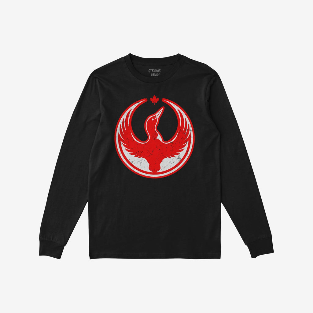 Black long-sleeve Canada Rebel Alliance T-shirt featuring a distressed red phoenix-like bird within a circle and a maple leaf above, symbolizing anti-fascist protest, supporting human rights and equality.