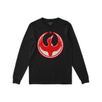 Black long-sleeve Canada Rebel Alliance T-shirt featuring a distressed red phoenix-like bird within a circle and a maple leaf