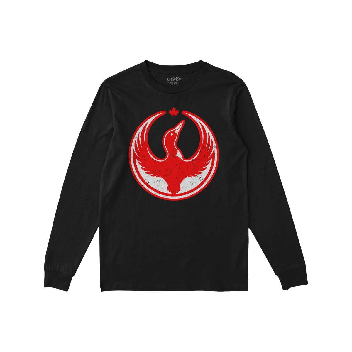 Black long-sleeve Canada Rebel Alliance T-shirt featuring a distressed red phoenix-like bird within a circle and a maple leaf