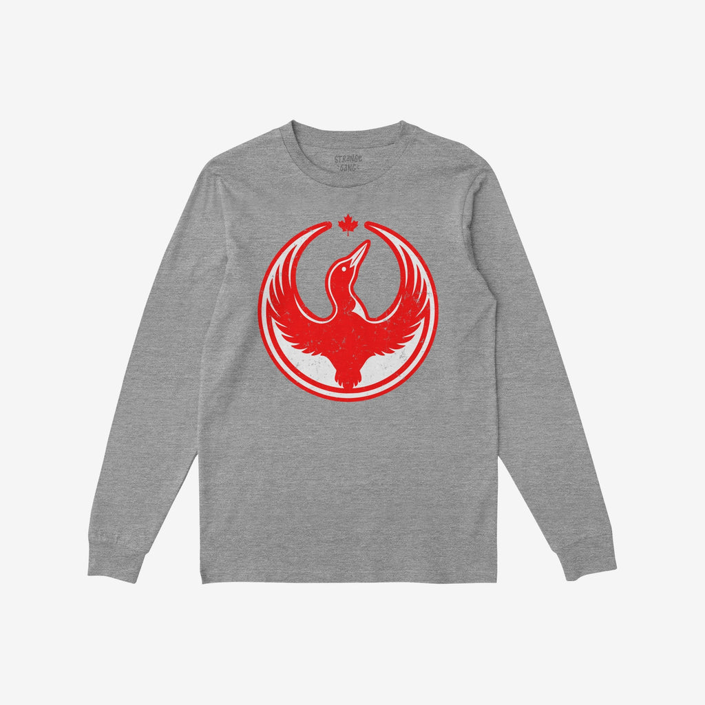 Heather-gray long-sleeve Canada Rebel Alliance T-shirt featuring a red phoenix-like bird with a maple leaf, symbolizing resistance and equality.