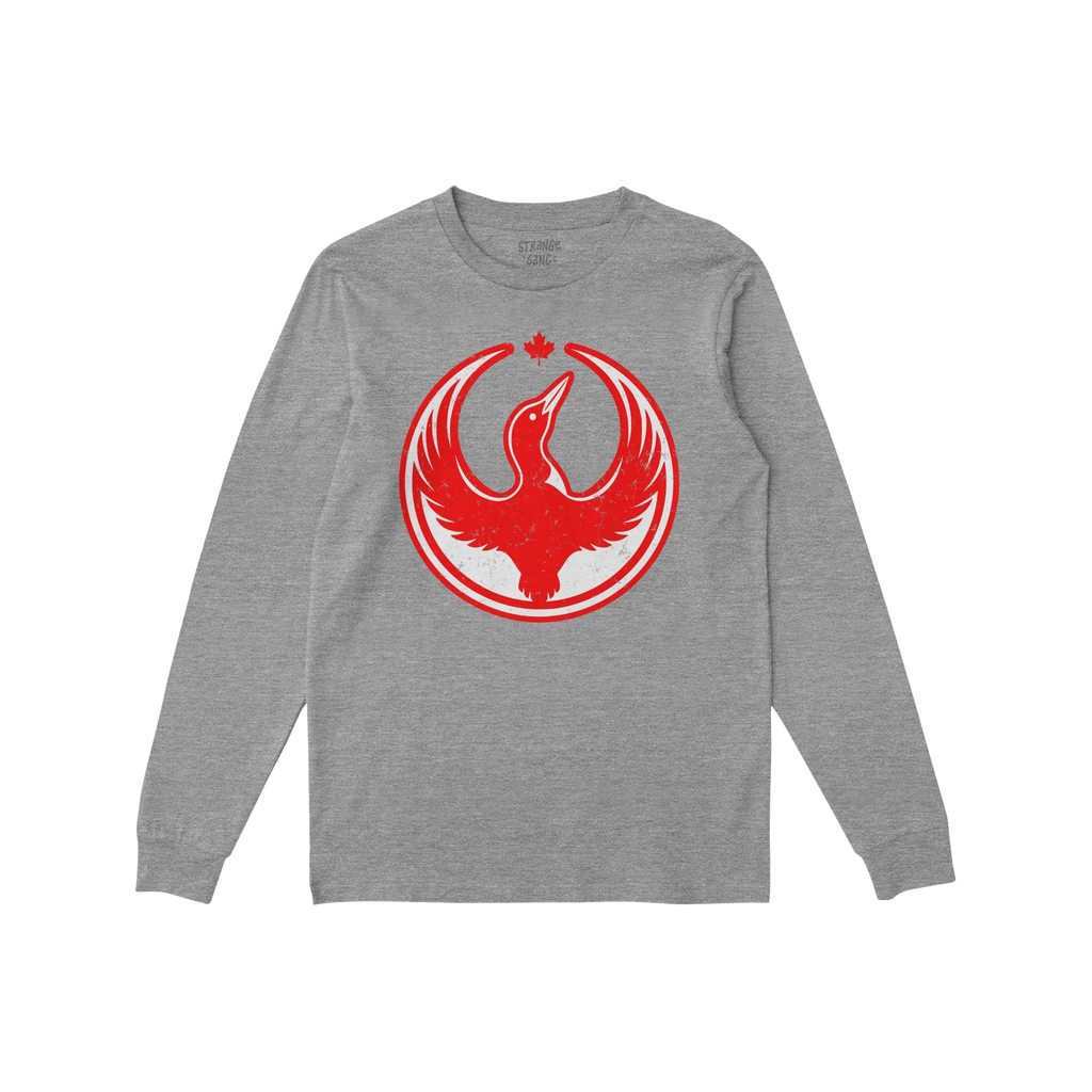 Heather-gray long-sleeve Canada Rebel Alliance T-shirt featuring a red phoenix-like bird with a maple leaf, symbolizing resis