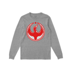 Heather-gray long-sleeve Canada Rebel Alliance T-shirt featuring a red phoenix-like bird with a maple leaf, symbolizing resis