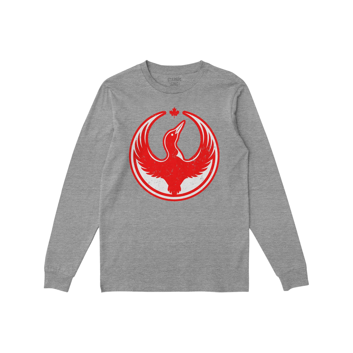 Heather-gray long-sleeve Canada Rebel Alliance T-shirt featuring a red phoenix-like bird with a maple leaf, symbolizing resis