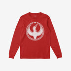 Red long-sleeve Canada Rebel Alliance T-shirt with a distressed white loon graphic and maple leaf, symbolizing anti-fascism and equality, laid flat, showcasing its bold and purposeful design.